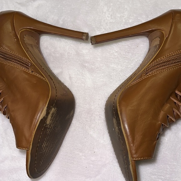 Trouve Nordstrom Camel Tan Leather Peep Toe Ankle Bootie Heels 5.5 Preowned - Picture 8 of 14